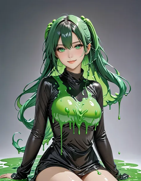 slime, (monster girl), green slime with dark green color, dripping slime, clothed, masterpiece, best quality