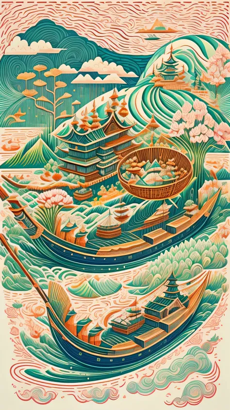 Dragon boat festival、rice dumpling、dragon boat、、China、background、simple、Super detailed、Detailed picture、vectorized、contour、Ukiyo-e、8K、full of lines、Centrosymmetric、clean background，No decorative elements required
