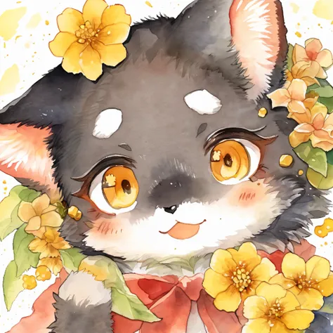 Watercolor elements, 1girl, kemono, furry, detailed body fur, animal face, animal hand, unfocused spread of gold flower, 