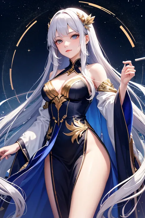 Kagami no Mikoto possesses an ethereal beauty that seems to transcend time itself. Her long, flowing hair shimmers like strands of silver moonlight, and her eyes hold the depth of the cosmos within them. She appears draped in robes adorned with intricate p...