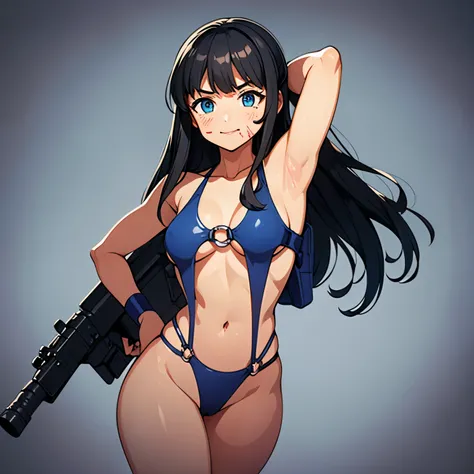 (((pixel-perfect, detail-perfect))), solo, 1girl, hair ornaments, long hair, black hair, blue eyes, medium chest, akebi komichi, Imperial Guard Combat Uniform Swimsuit, o-ring bikini, v gundam, swimsuit, absurdres, highres, solo, cowboy shot, 1girl, neneka...