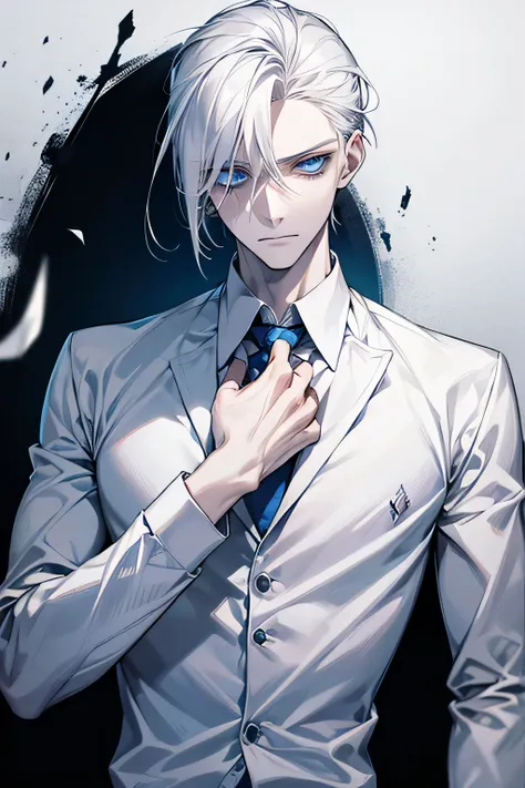 young man with tall and slender figure, dressed in a pristine white shirt, immaculately clean, white hair and blue eyes that gives the feeling of zombie, zombie zombie, cold and emotionless, zombie skin, zombie feeling