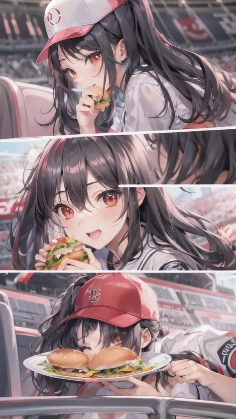 perfect anatomy, masterpiece:1.4, best quality, 8k, (in the Fukuoka Dome Stadium), break, (sit down on Audience seats) ((Eating a hamburger)) (a straight black  hair long hair femdom cute girl, 17 yo, detailed red eyes, enjoy face, bigboobs), break, in a c...