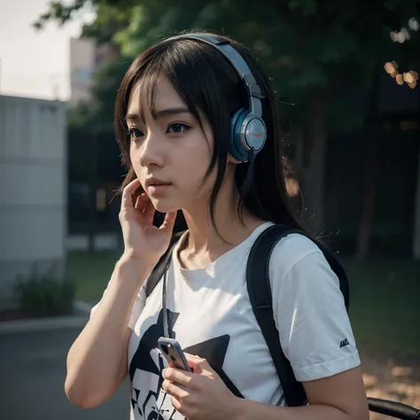 anime girl with headphones and backpack looking at a cell phone, estilo animado 4 k, alicia x. zhang, arte animado digital, nocturno, digital anime illustration, estilo animadod digital art, fondo de pantalla de arte animado 4k, fondo de pantalla de arte a...