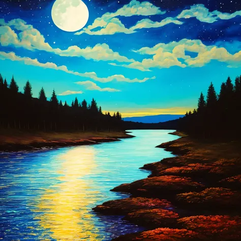 a painting of a river with a full moon in the sky, beautiful moonlight, beautiful moonlight night, beautiful moon light, stunning moonlight and shadows, night time moonlight, moonlit night, moonlit night dreamy atmosphere, dramatic moonlight, nighttime nat...