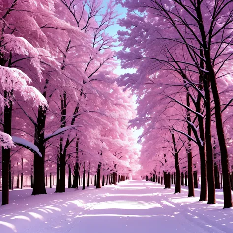 snowy trees line a path in a pink forest, a photo by Paul Monnier, tumblr, romanticism, extremely beautiful and ethereal, glowing snow, pink sunlight, cotton candy trees, dramatic pink light, pink trees, beautiful!!!!!!!!!, snowy winter, pink forest, beaut...