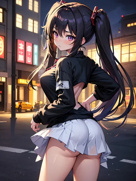 All intricate details: "(masterpiece, best quality, HuTaoV4, 1girl, solo, blush, twintails, long hair, hair between eyes, ((streetwear clothes)), city, outdoors, night, movie poster, extremely detailed 8K, smooth, high resolution, ultra quality, cinematic ...