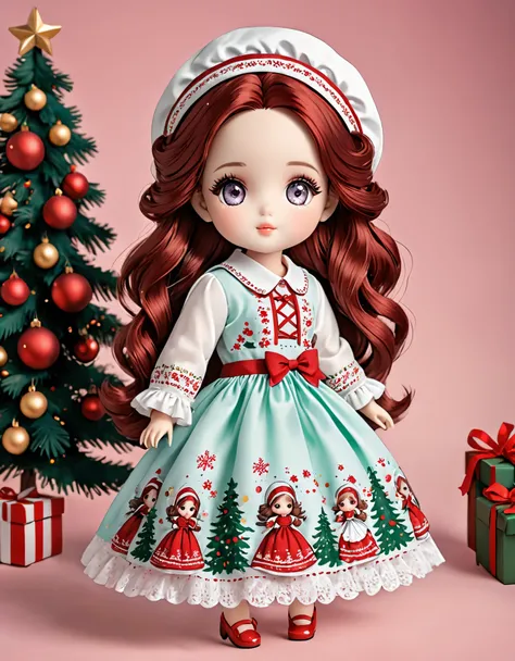 Create a series of  chibi style dolls with a cute Christmas theme, each with lots of detail and in an 8K resolution. All dolls should follow the same solid background pattern and be complete in the image, mostrando o (corpo inteiro, incluindo as pernas: 1....