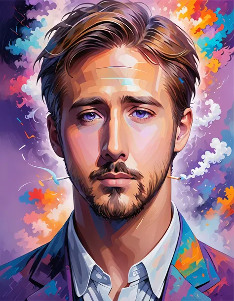 [Ryan Gosling portrait:abstract background:0.5], expressionistic, violet, mist, smokes, The art of math, mute, Depressive, Colorful background 