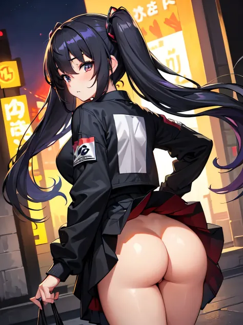 All intricate details: "(masterpiece, best quality, HuTaoV4, 1girl, solo, blush, twintails, long hair, hair between eyes, ((streetwear clothes)), city, outdoors, night, movie poster, extremely detailed 8K, smooth, high resolution, ultra quality, cinematic ...