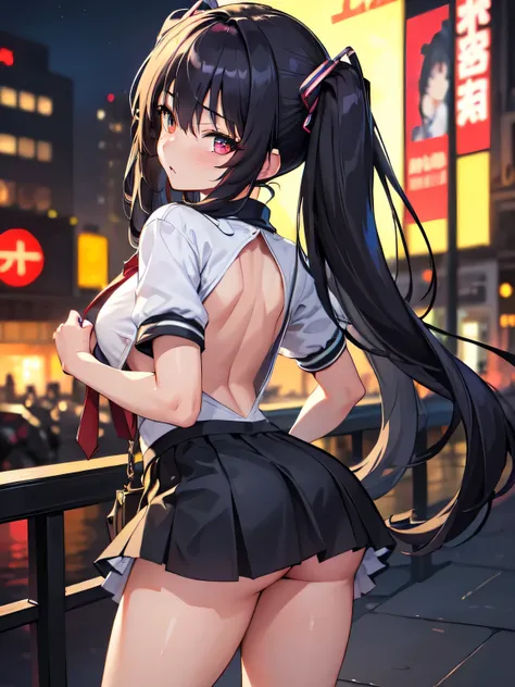 All intricate details: "(masterpiece, best quality, HuTaoV4, 1girl, solo, blush, twintails, long hair, hair between eyes, ((streetwear clothes)), city, outdoors, night, movie poster, extremely detailed 8K, smooth, high resolution, ultra quality, cinematic ...