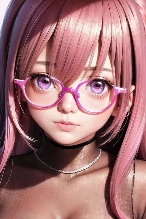 Close-up of a woman with pink hair wearing glasses, artwork in Guvez style, Guvez, kawaii realistic portrait, inspired by Seihiko-kun, glowing pink face, pink girl, beautiful anime portrait, pink glasses, glowing pink eyes, realistic anime 3 D style, Yanju...