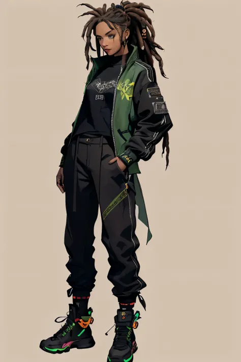 1 girl, ekko arcane hair, dreadlocks, teenager, rock jacket, pants, black clothing, Brown hair, light background, full body, long hair, teenager, tribal tattoo, colorful parts, sketchbook, hand drawn hand, symbols, dark , bold, realistic sketch, sketch, mi...