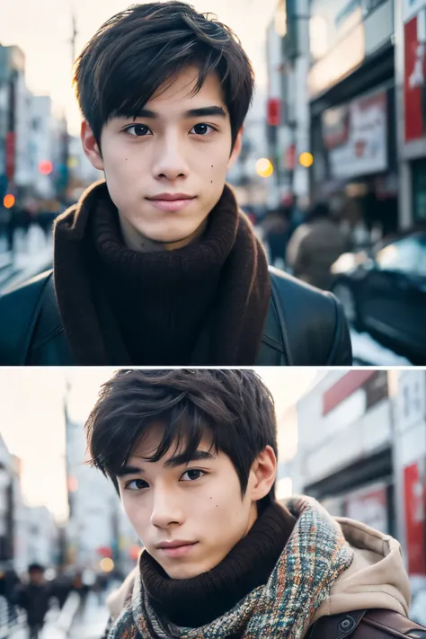 Photo realsitic, 8K, full body, poster, One Beautiful Boy, Japanese, An 18-year-old man, A charming expression, detailed face details, TOKYO city, Winters, Shibuya in the background