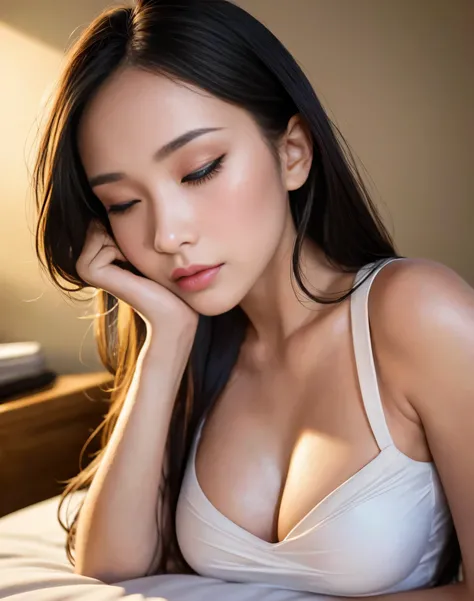 Superb, Masterpiece, Ultra High Quality, Realistic, Girl, (Beautiful Face 1.4), (Big, Constricted Waist), Long Hair, Indoors, Bokeh, Milight, Glossy Skin, Small Head, Sleeping with Two