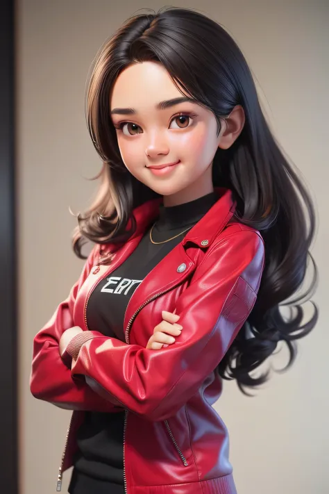 masterpiece,best quality,3d rendering works,3DMM style,close-up,portrait,3D,1girl, A young woman wearing a red jacket stands with her arms crossed and smiles for the camera. She is wearing a black shirt underneath the jacket and has long, dark hair that fa...