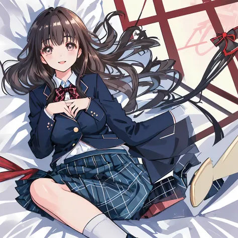 highest quality, (masterpiece:1.2), High resolution, perfect pixel, One so beautiful woman is lying on the bed, 16 years old, ((big very detailed beautiful eyes like angel)), ((girly large wine-red glossy polyester Japanese school ribbon bow tie)), (((long...