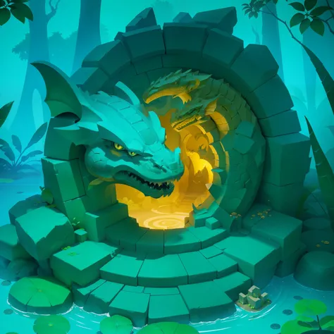 There is a dragon sitting in the middle of the pond, jungle background with ruins, mobile game art, mobile game background, background art, background artwork, Art Nouveau Jungle Environment, Crocodile God&#39;s Lair, background jungle, The dragon rests in...