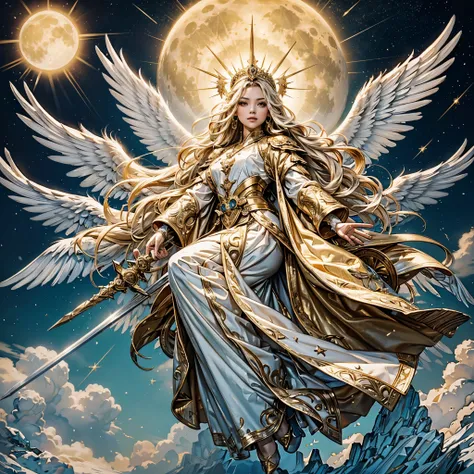 The heroine of national comics，[Douluo Dalu]，[God of angels]，[Qian Renxue]；bust portrait，Long hair parted in the middle；yellow hair，golden tiara；White and gold clothes，Big snow-white wings on the back，Hold the holy sword in your hand，sacrosanct。floating in...