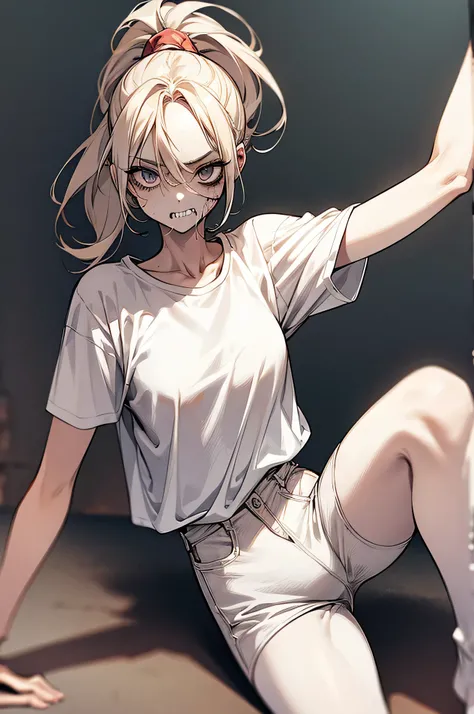 a zombie with straight and slender legs. Wearing a white T-shirt, hot pants, and a ponytail, zombie, zombie zombie