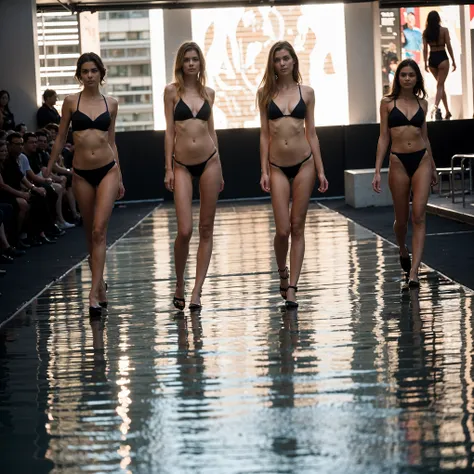 The image shows 3 female supermodels, walking down the catwalk in a swimsuit, very beautiful