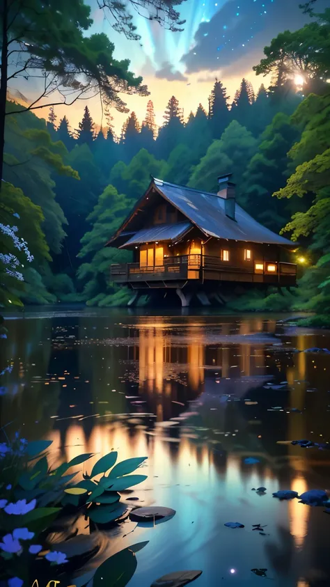 spring, (8K resolution, highest quality, Super detailed, ethereal, tree details, river details, stretch volleyball, (View), forest, Dreamy night sky, light, wooden house, green々leaves, town light, distant mountain々, beautiful stereoscopic light effect), wi...