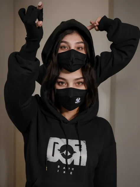 girl, 22 years old, realistic, she is wearing a black hoodie and black mask, peace pose