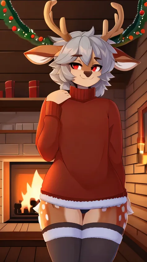 Best quality, Super detailed illustration, (deer boy:1.4), beautiful фембой, disheveled thick hair, gray hair, scarlet eyes ,fluffy, sweater, short shorts, wool stockings, Christmas atmosphere, smug smile, half-closed eyes , perfect body, style &quot;DND&q...