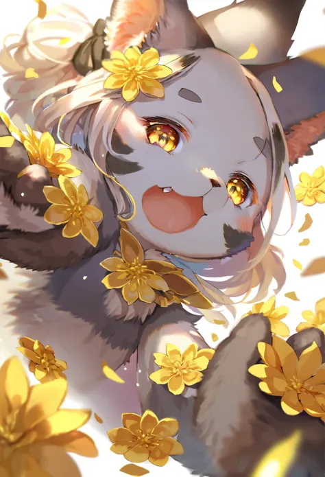 girl, kemono, furry, detailed body fur, animal face, animal hand, dynamic angle, unfocused spread of gold flower, 