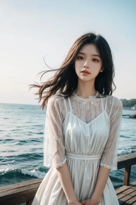 1 girl,kawaii,Detailed face,looking at the audience,concentrated,masterpiece,best quality, high resolution,8K,complex,elegant,Very detailed,Dynamic lightingBREAKLong hair flows elegantly in the gentle sea breeze,The fading sunlight casts warmth, The ethere...