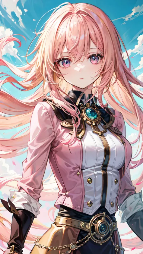 best quality, masterpiece, upper body, woman, blonde hair blown in the wind, shining eyes, steampunk nude style, thin clothes, pink clothes, pink hair