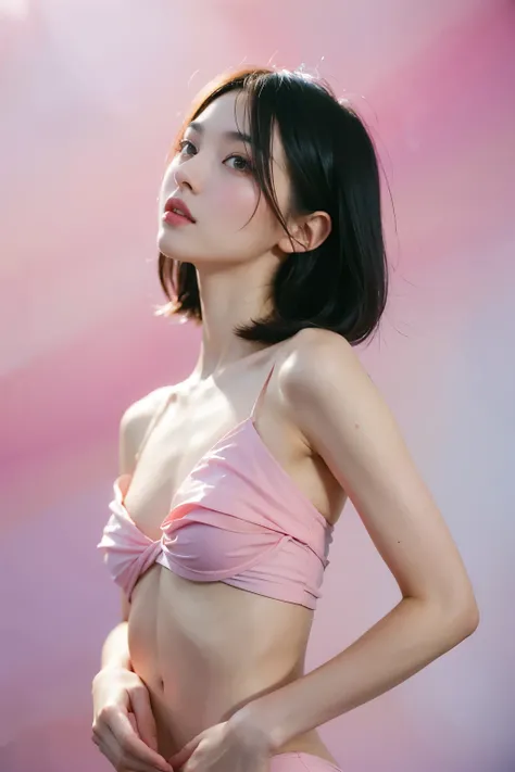 1girl,shoulder length straight blackbob hair,small breasts,slim,thin,flower, Lisianthus ,in the style of light pink and light azure, dreamy and romantic compositions, pale pink, ethereal foliage, playful arrangements,fantasy, high contrast, ink strokes, ex...