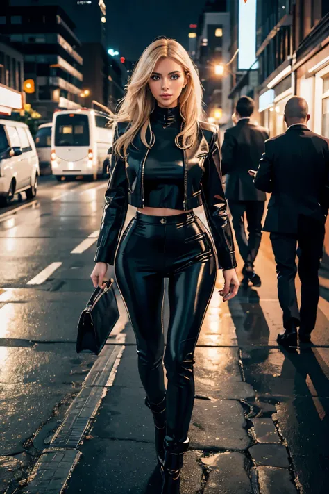 full body woman, A fashion model, Wear a suit, Glamour, paparazzi taking pictures of her, Kim Kardashian, blonde hair, elegant leather trouser suit, midnigh city, bokeh, 8K, High quality, Masterpiece, Best quality, HD, Extremely detailed, voluminetric ligh...