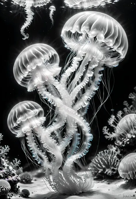 Cute jellyfish, Capture the ethereal dance of light and shadow in stunning monochrome photos with selective color detail, Revealing the hidden poetry of bioluminescence, underwater, (actual, photoactual, original photo:1.4), octane rendering, complex, (bes...