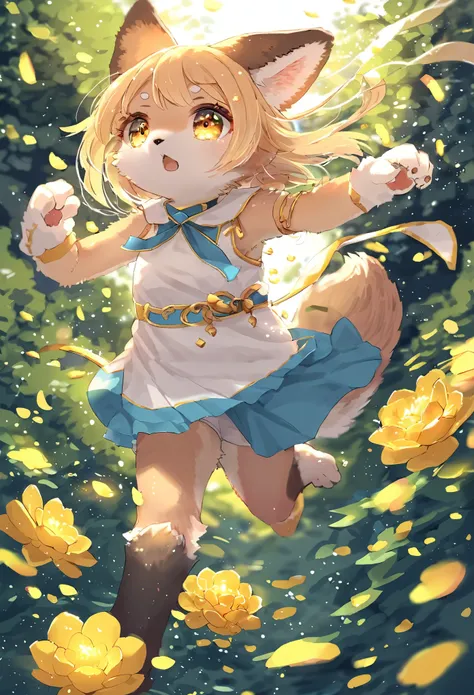 girl, kemono, furry, detailed body fur, animal face, animal hand, running, unfocused spread of gold flower, 