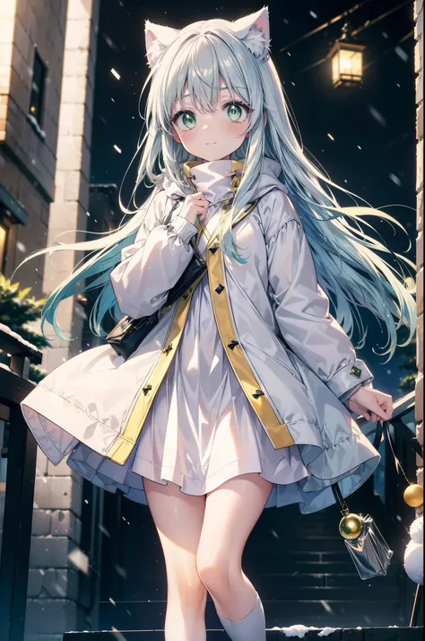 index, index, (green eyes:1.5), silver hair, long hair, (flat chest:1.2),cat ear,cat tail,blush,smile,open your mouth,gray handb...