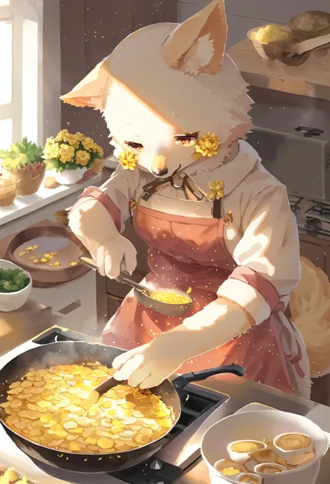 girl, kemono, furry, detailed body fur, animal face, animal hand, cooking, unfocused spread of gold flower, 