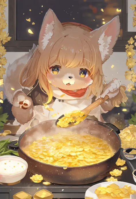 girl, kemono, furry, detailed body fur, animal face, animal hand, cooking, unfocused spread of gold flower, 