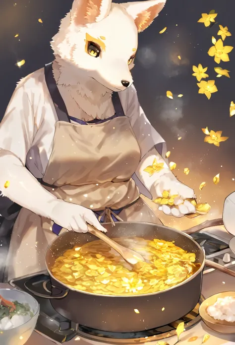 girl, kemono, furry, detailed body fur, animal face, animal hand, cooking, unfocused spread of gold flower, 