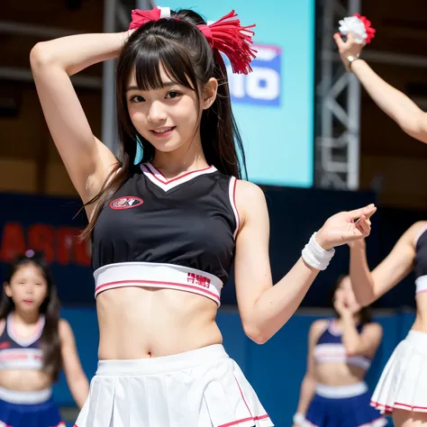 Best-quality, Masterpiece, Ultra-High-Resolution, (Photorealistic:1.4), Raw-Photo, Extremely-Details, Perfect-Anatomy, 1girl, 15-years-old, the most famous Japanese idol, upturned ass, looking at viewer, innocent-smile, (wearing cheerleading-sleeveless-shi...