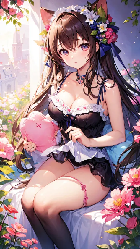 masterpiece、hight resolution、1girl 、Cute anime illustration、Floral Lingerie、Glossy look、large full breasts、