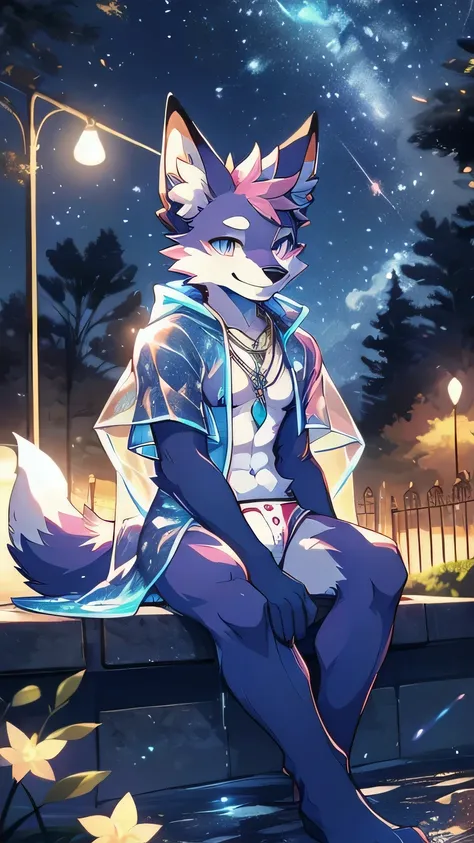 Anthropomorphic fox, In good condition, Pink fur, alone, (Exquisite details), white, Smile, Handsome, OK, transparent raincoat, white underwear, Night time, Sitting in the park, Candy elements, Star decoration, canine, male, giggle, (Slim, exquisite eyes),...