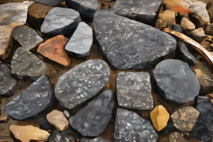 地上摆放的Stone，Ancient Stone Age，Stone制作的工具，stone ax，stone sword，prehistoric tools，Stone，尖锐的Stone，fantasy art, Thick strokes，illustration art，author：Randolph Caldecott, (best quality, masterpiece, representative work, illustration art, professional, Super comp...