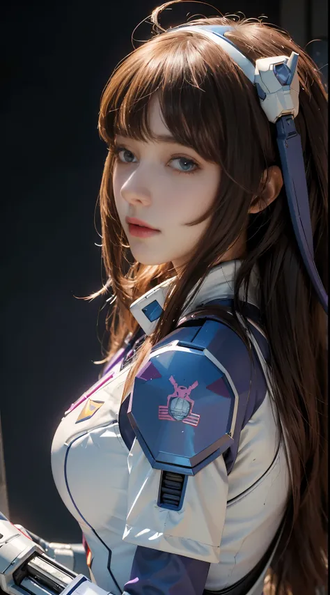 RAW, Masterpiece, Ultra Fine Photo,, Best Quality, Ultra High Resolution, Photorealistic, Sunlight, Full Body Portrait, Stunningly Beautiful,, Dynamic Poses, Delicate Face, Vibrant Eyes, (Side View) a close up of a woman in a pink and white gundam custume,...