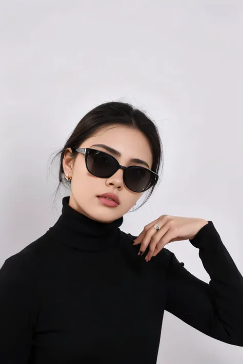 araffe woman wearing a black turtle neck top and sunglasses, Comes with sunglasses, with sunglasses, Super high quality model, Thick sunglasses, black sunglasses, Wearing black-rimmed glasses, wearing sunglasses, sunglasses, wearing black glasses, digital ...