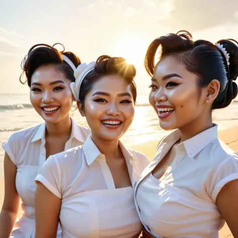 original photo of 4 slightly fat Indonesian women wearing a hot pan, (French twist hairstyle), laughing cheerfully, sunbathing on the beach in very sunny weather, with a sun rise in the background. Highly detailed, perfect lighting, hyper realistic, 8k, u...