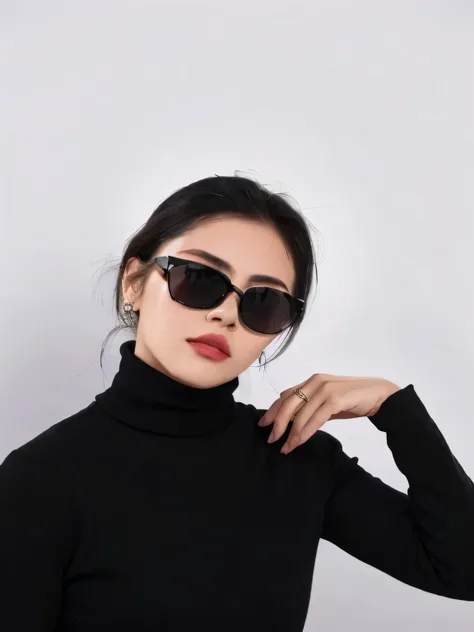 araffe woman wearing a black turtle neck top and sunglasses, Comes with sunglasses, with sunglasses, Super high quality model, Thick sunglasses, black sunglasses, Wearing black-rimmed glasses, wearing sunglasses, sunglasses, wearing black glasses, digital ...