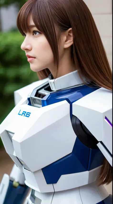 RAW, Masterpiece, Ultra Fine Photo,, Best Quality, Ultra High Resolution, Photorealistic, Sunlight, Full Body Portrait, Stunningly Beautiful,, Dynamic Poses, Delicate Face, Vibrant Eyes, (Side View) a close up of a woman in a pink and white gundam custume,...