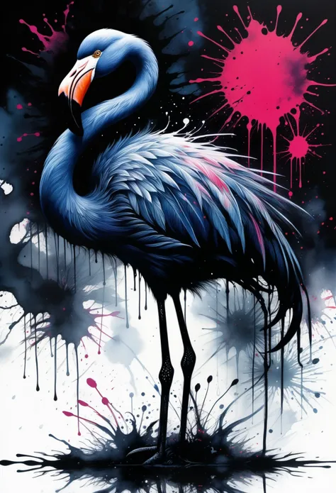 (((In dark fantasy ink splatter art:1.3))), Shabby flamingo, Mesmerizingly beautiful scenery appears, Chaotic black strokes ink splatter, Intricate details blend into the world of the ethereal forest, Otherworldly creatures, insanely beautifu, Gongbi, Ever...