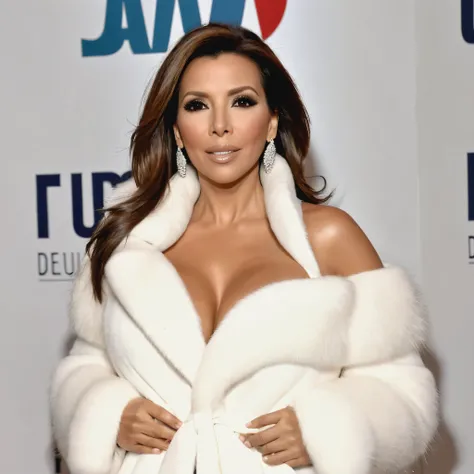 A very wide and very thick, manteau de fourrure en vison blanc, thirty centimeters thick, duveteux, naturel, with an ultra thick white mink fur collar, three layers, sur Eva Longoria, bare shoulders, and a large breast exposed, in Dubai ,